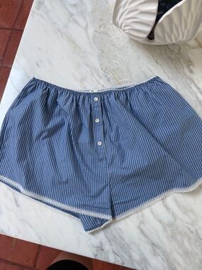 Blue Pinstripe Lace-Trim Women's Athletic Shorts
